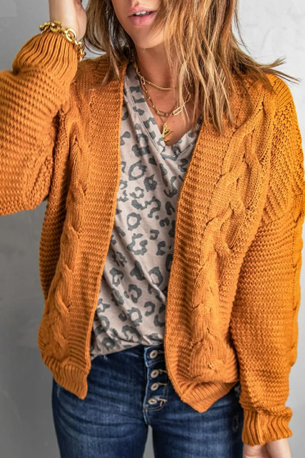 Fashion Dear-Lover Khaki Chunky Wide Long Sleeve Knit Cardigan Yellow Brown