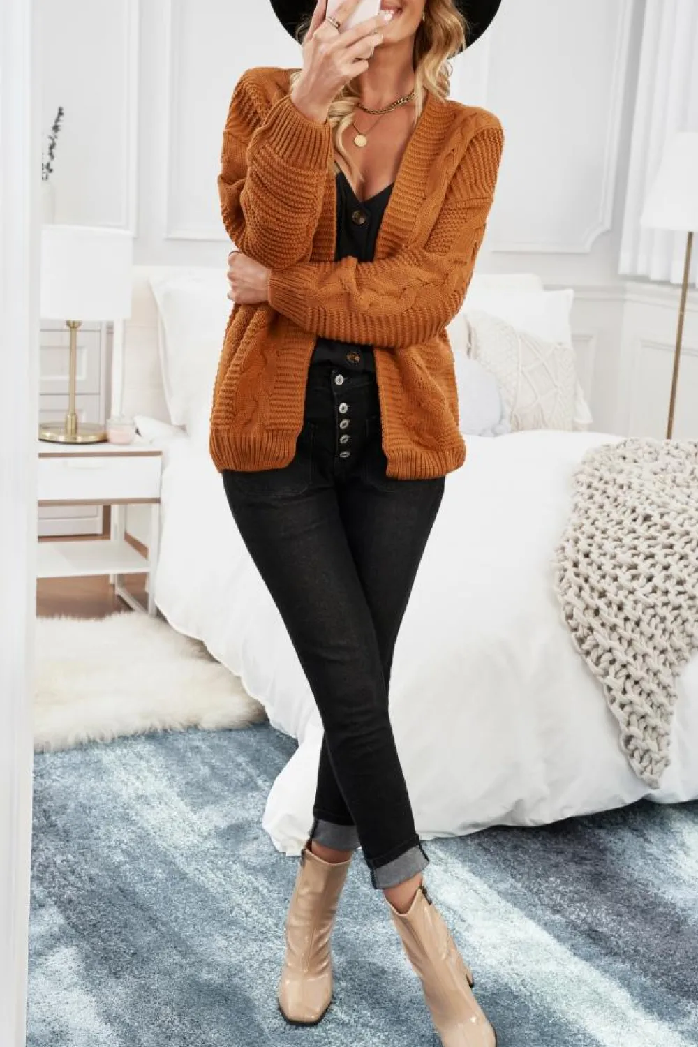 Fashion Dear-Lover Khaki Chunky Wide Long Sleeve Knit Cardigan Yellow Brown
