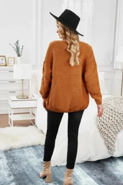 Fashion Dear-Lover Khaki Chunky Wide Long Sleeve Knit Cardigan Yellow Brown