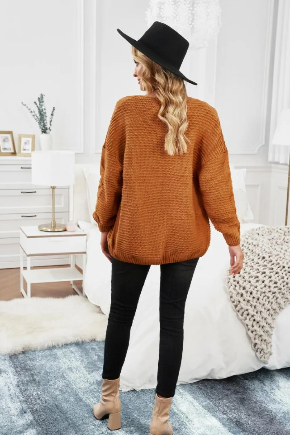 Fashion Dear-Lover Khaki Chunky Wide Long Sleeve Knit Cardigan Yellow Brown