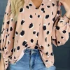 Outlet Dear-Lover Classic Leopard V Neck Bracelet Sleeve Blouse Khaki