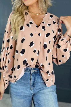 Outlet Dear-Lover Classic Leopard V Neck Bracelet Sleeve Blouse Khaki