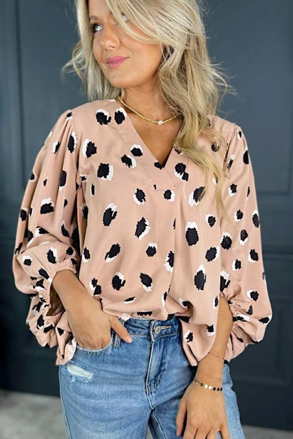 Outlet Dear-Lover Classic Leopard V Neck Bracelet Sleeve Blouse Khaki