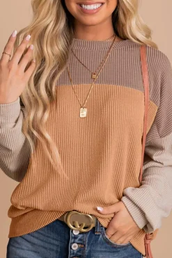 New Dear-Lover Color Block Long Sleeve Ribbed Loose Top Khaki