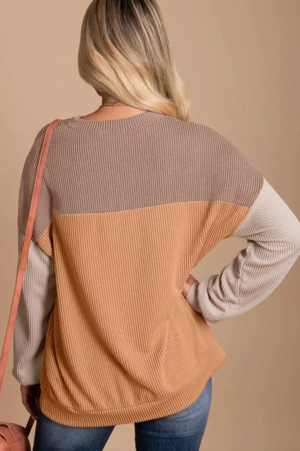New Dear-Lover Color Block Long Sleeve Ribbed Loose Top Khaki