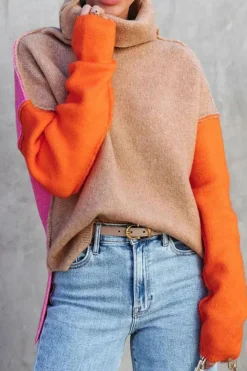 Fashion Dear-Lover Color Block Turtle Neck Drop Shoulder Knit Sweater Khaki