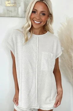 Online Dear-Lover Colorblock Chest Pocket Exposed Seam Tee and Shorts Set Khaki