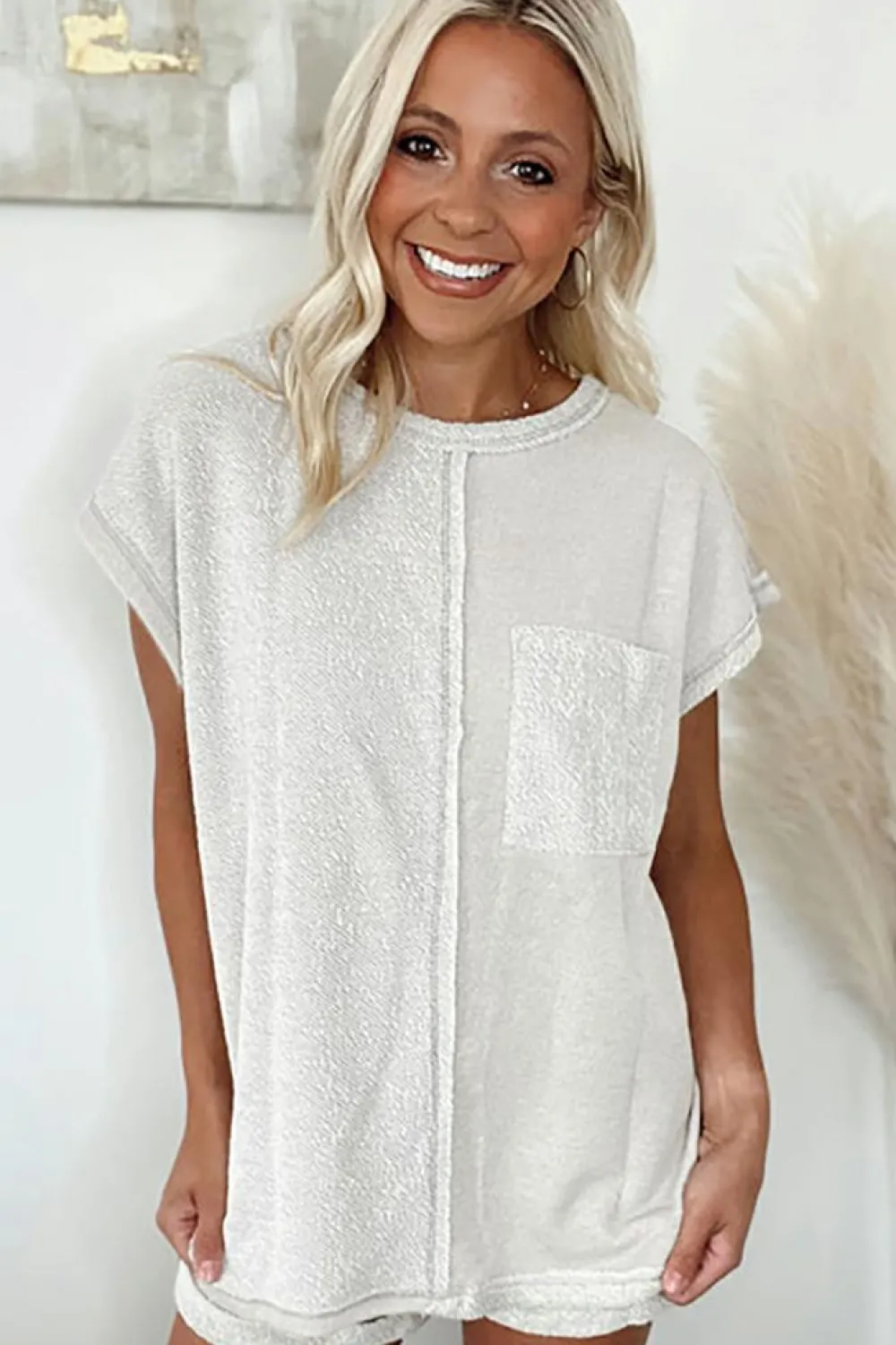 Online Dear-Lover Colorblock Chest Pocket Exposed Seam Tee and Shorts Set Khaki