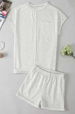 Online Dear-Lover Colorblock Chest Pocket Exposed Seam Tee and Shorts Set Khaki