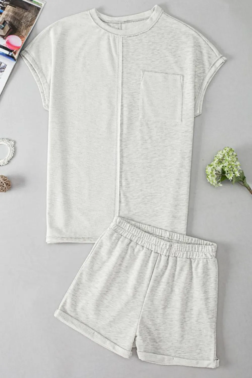 Online Dear-Lover Colorblock Chest Pocket Exposed Seam Tee and Shorts Set Khaki