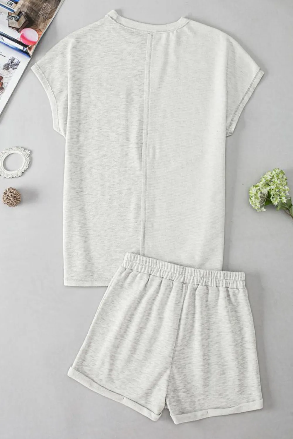 Online Dear-Lover Colorblock Chest Pocket Exposed Seam Tee and Shorts Set Khaki