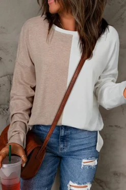 New Dear-Lover Colorblock Long Sleeve Crew Neck Top Khaki