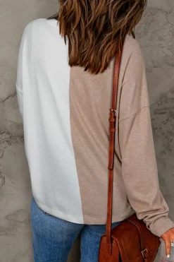 New Dear-Lover Colorblock Long Sleeve Crew Neck Top Khaki