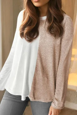 New Dear-Lover Colorblock Long Sleeve Crew Neck Top Khaki