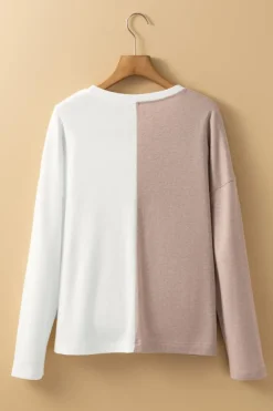 New Dear-Lover Colorblock Long Sleeve Crew Neck Top Khaki