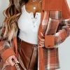 Fashion Dear-Lover Colorblock Plaid Pattern Flap Pockets Buttoned Shacket Khaki