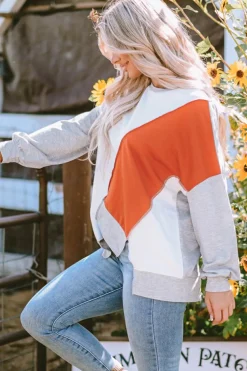 Hot Dear-Lover Colorblock Stitching Irregular Hem Long Sleeve Top Khaki