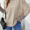 Sale Dear-Lover Contrast Cuffs Batwing Sleeve Loose Top Khaki