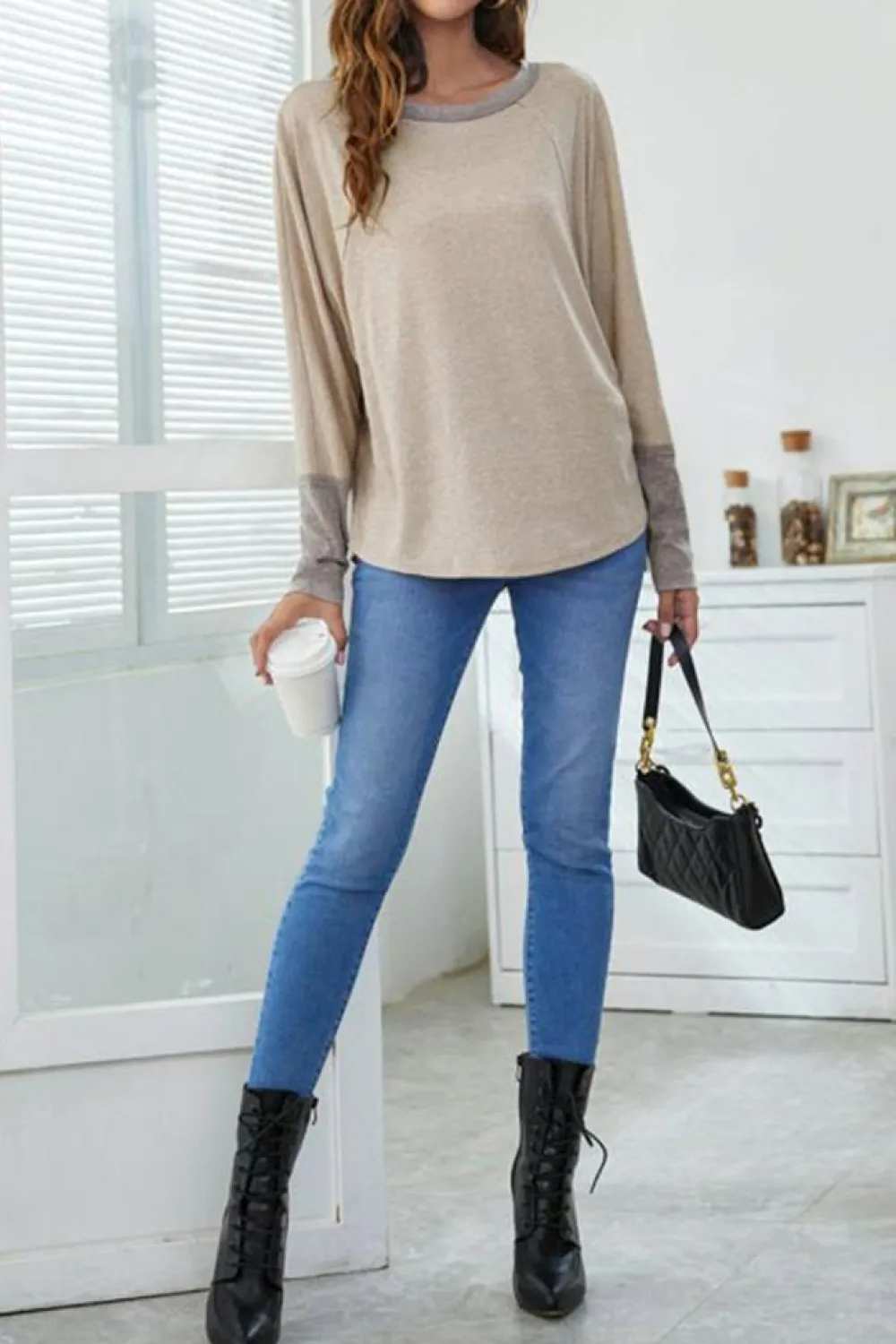 Sale Dear-Lover Contrast Cuffs Batwing Sleeve Loose Top Khaki