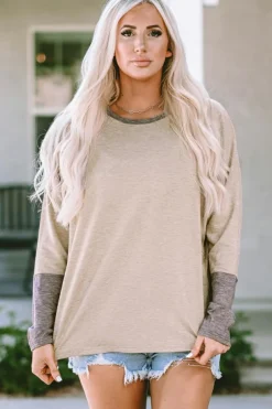 Sale Dear-Lover Contrast Cuffs Batwing Sleeve Loose Top Khaki