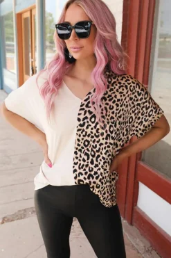 Hot Dear-Lover Contrast Leopard Color Block Blouse Khaki