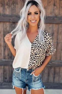 Hot Dear-Lover Contrast Leopard Color Block Blouse Khaki