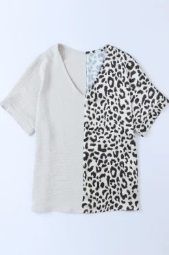 Hot Dear-Lover Contrast Leopard Color Block Blouse Khaki