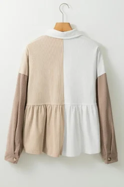 Fashion Dear-Lover Corduroy Colorblock Button up Loose Shacket Khaki