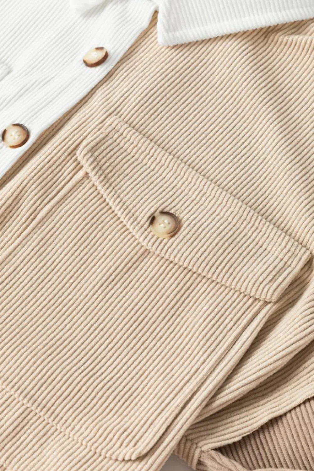Fashion Dear-Lover Corduroy Colorblock Button up Loose Shacket Khaki