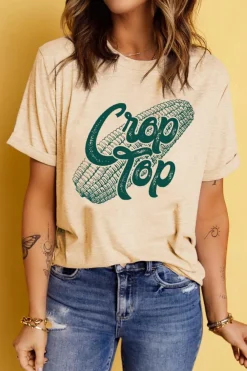 Online Dear-Lover Corn Crop Top Graphic Tee Khaki