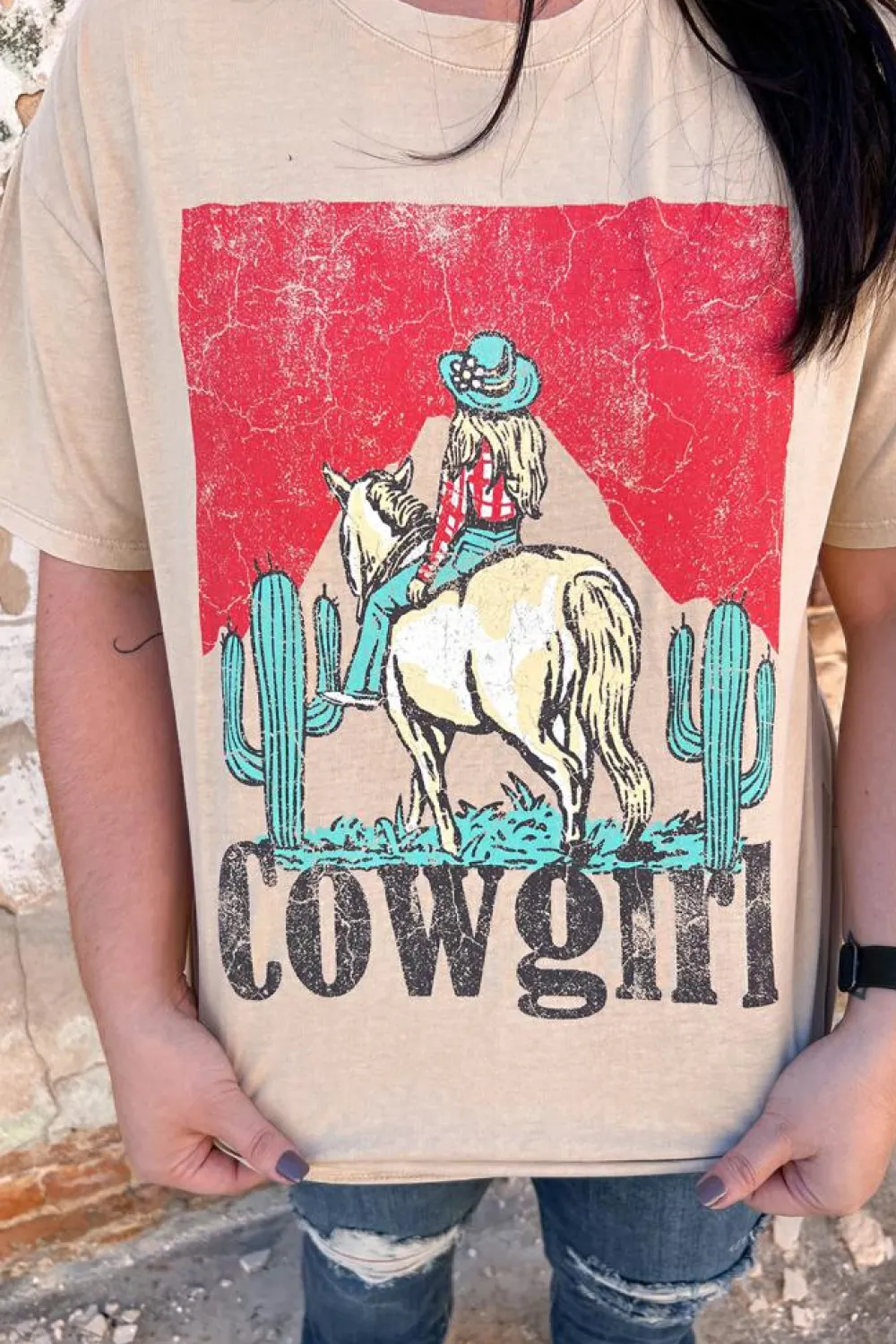 Hot Dear-Lover Cowgirl Rodeo Graphic Western Fashion Tee Khaki