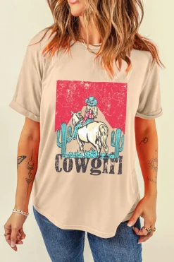 Hot Dear-Lover Cowgirl Rodeo Graphic Western Fashion Tee Khaki
