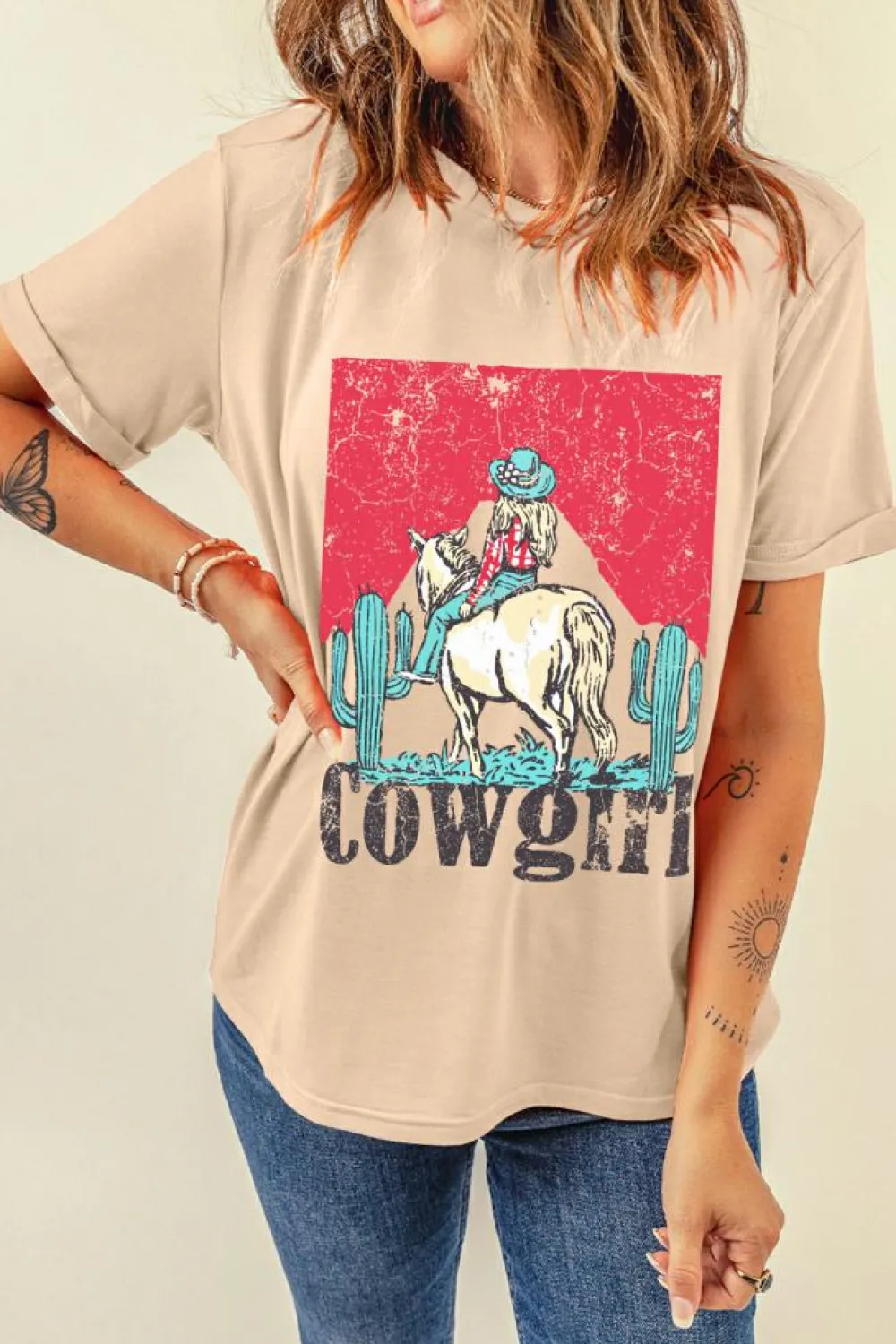 Hot Dear-Lover Cowgirl Rodeo Graphic Western Fashion Tee Khaki