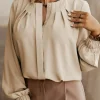 Hot Dear-Lover Crew Neck Gathered Stretch Cuff Shirt Khaki