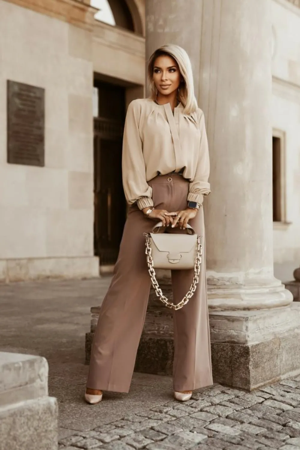 Hot Dear-Lover Crew Neck Gathered Stretch Cuff Shirt Khaki