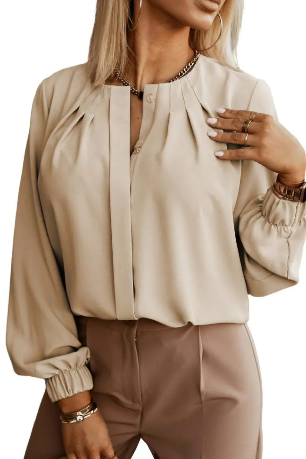Hot Dear-Lover Crew Neck Gathered Stretch Cuff Shirt Khaki