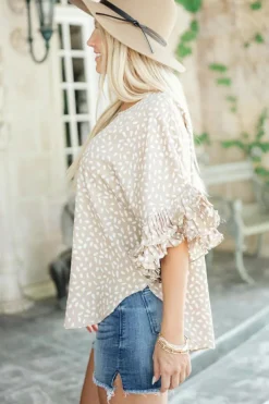 Clearance Dear-Lover Dolman Ruffled Sleeve Loose Blouse Khaki