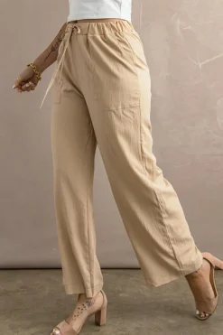 Online Dear-Lover Drawstring Waist Crinkled Wide Leg Pants Khaki