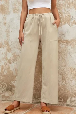 Online Dear-Lover Drawstring Waist Crinkled Wide Leg Pants Khaki