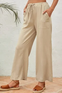 Online Dear-Lover Drawstring Waist Crinkled Wide Leg Pants Khaki
