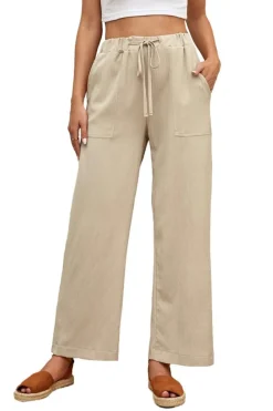 Online Dear-Lover Drawstring Waist Crinkled Wide Leg Pants Khaki