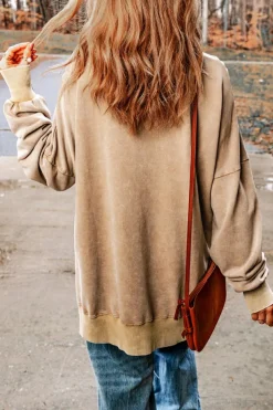 Hot Dear-Lover Drop Shoulder Ribbed Trim Oversized Sweatshirt Khaki