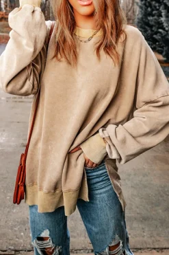 Hot Dear-Lover Drop Shoulder Ribbed Trim Oversized Sweatshirt Khaki