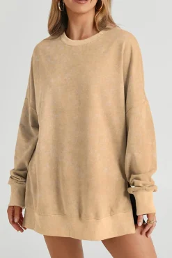 Hot Dear-Lover Drop Shoulder Ribbed Trim Oversized Sweatshirt Khaki