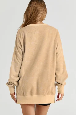 Hot Dear-Lover Drop Shoulder Ribbed Trim Oversized Sweatshirt Khaki