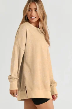 Hot Dear-Lover Drop Shoulder Ribbed Trim Oversized Sweatshirt Khaki