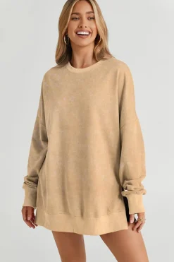 Hot Dear-Lover Drop Shoulder Ribbed Trim Oversized Sweatshirt Khaki