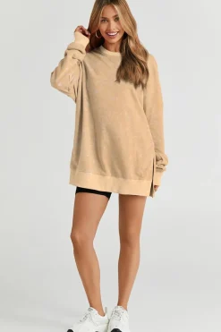 Hot Dear-Lover Drop Shoulder Ribbed Trim Oversized Sweatshirt Khaki