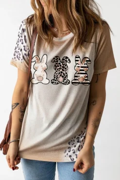Best Dear-Lover Easter Bunny Leopard Bleached Print Graphic Tee Khaki