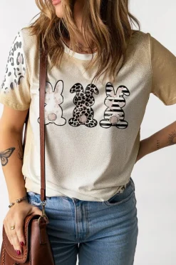 Best Dear-Lover Easter Bunny Leopard Bleached Print Graphic Tee Khaki